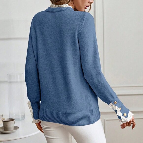 Blue Casual Elegant Women's Long Sleeve Contrast Embroidered Floral Sweater - Picture 2 of 6